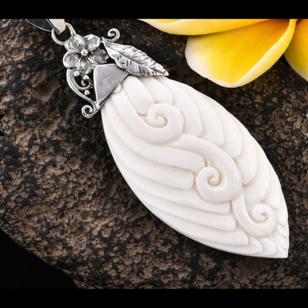 Bali Goddess Carved Bone Scroll Pendant & necklace